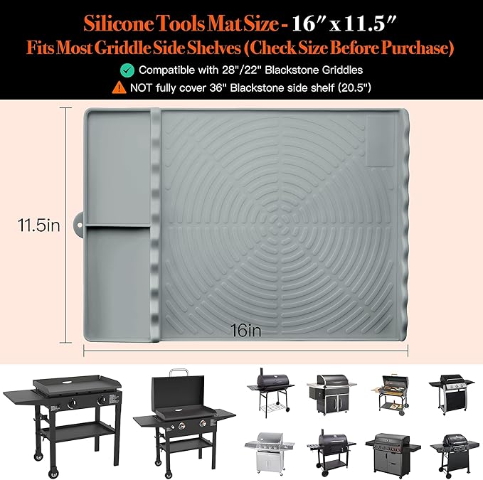 Silicone Grill Mat for Blackstone - BBQ Griddle Tools Side Mat with Drip Pad, Griddle Tools Mat for Outdoor Kitchen Countertop, BBQ Grill Accessories Gifts for Men (Gray)