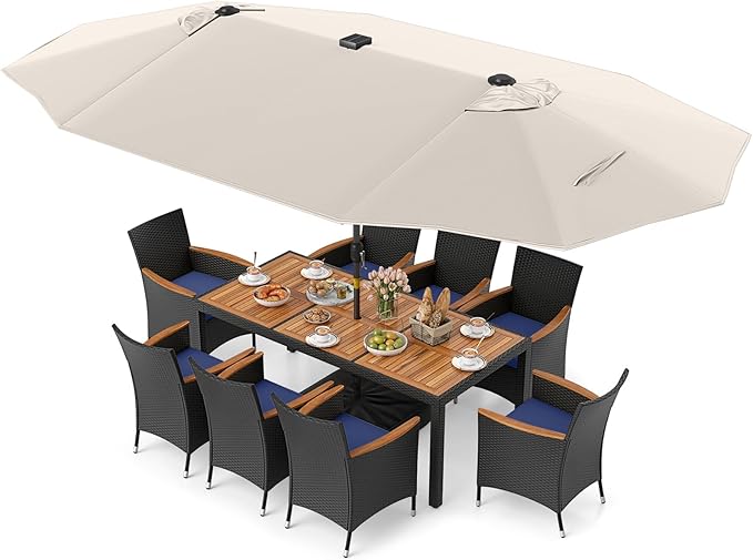 Tangkula 11 Pieces Patio Dining Set with Double-Sided Led Patio Umbrella (Base Included), with 8 Stackable Chairs, Acacia Wood Dining Table and Large Umbrella with Solar Lights (Beige + Navy)