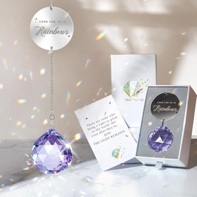 Mooncraftlogy Memorial Gift for Loss of Loved One, Light Crystal Suncatcher | Unique Sympathy Idea, Purple Memory Prism Crystal Ball, Grief Rainbow Sun Catcher, Bereavement Box for Mom Dad Son Daughter