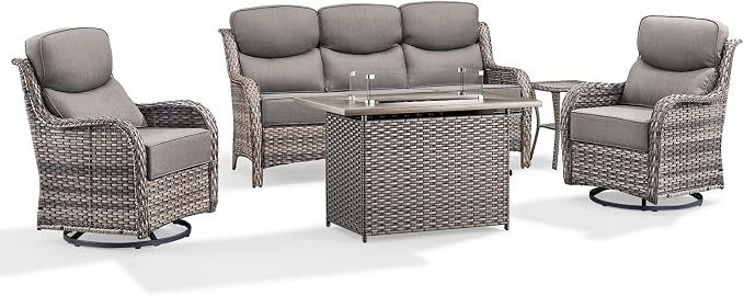 Luxury Patio Furniture Set with 6-inch Thick Cushion, Outdoor Furniture with Fire Pit Table, Swivel Chairs, Side Table, Sofa, 5pcs Wicker Conversation Set for Deck Yard(Grey Wicker/Grey Cushion)