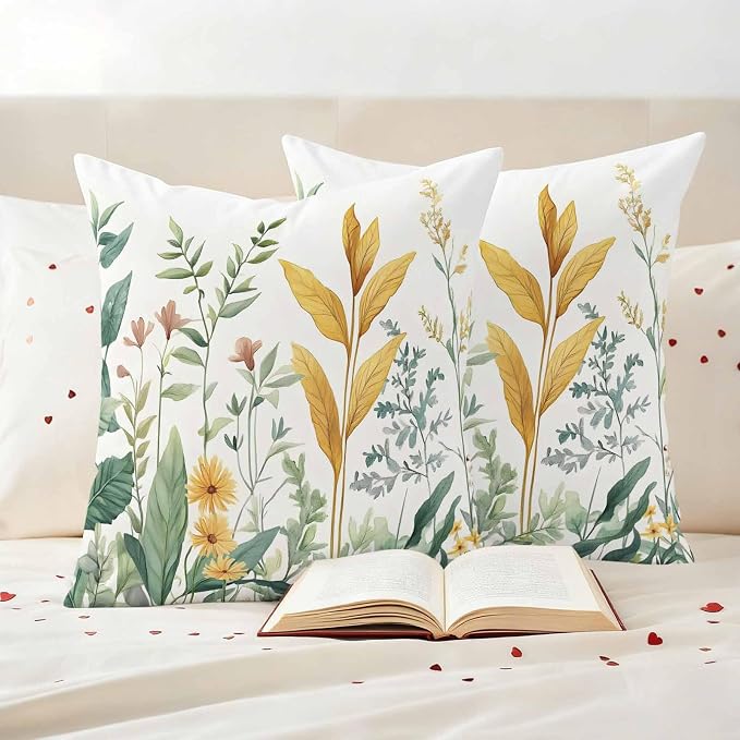 Outdoor Pillow Covers 26x26 Set of 2, Yellow Green Botanical Waterproof Patio Throw Pillow Covers for Couch Sofa Chair, Rustic Watercolor Leaves Decorative Pillowcases for Throw Pillows