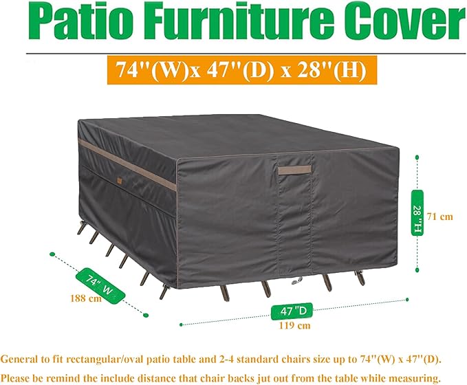 Heavy Duty Waterproof Patio Furniture Covers UV Resistant Rectangular Outdoor Table and Chair Covers 74" Wx 47" D x 28" H Dark Grey