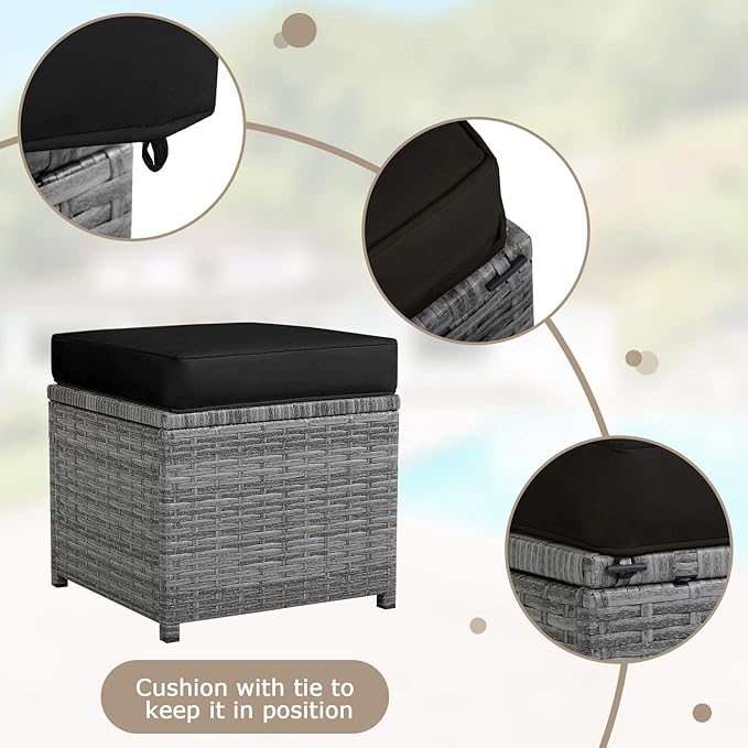 HAPPYGRILL 7 Pieces Rattan Wicker Patio Conversation Set, Outdoor Patio Furniture Set with Cushions, Rattan Sofa Set with Dining Table & Ottomans for Poolside Backyard Balcony Garden (Black)
