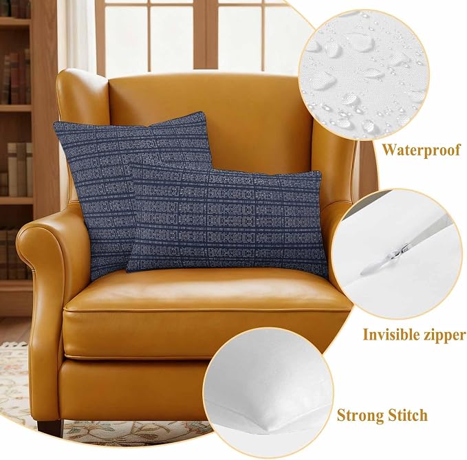 Outdoor Waterproof Throw Pillow Covers Set of 2 Navy Blue Stripes Grain Pillowcases 24x24 Inches Solid Color Decorative Pillows Cushion Case Patio Pillows for Couch Bed Chair Garden