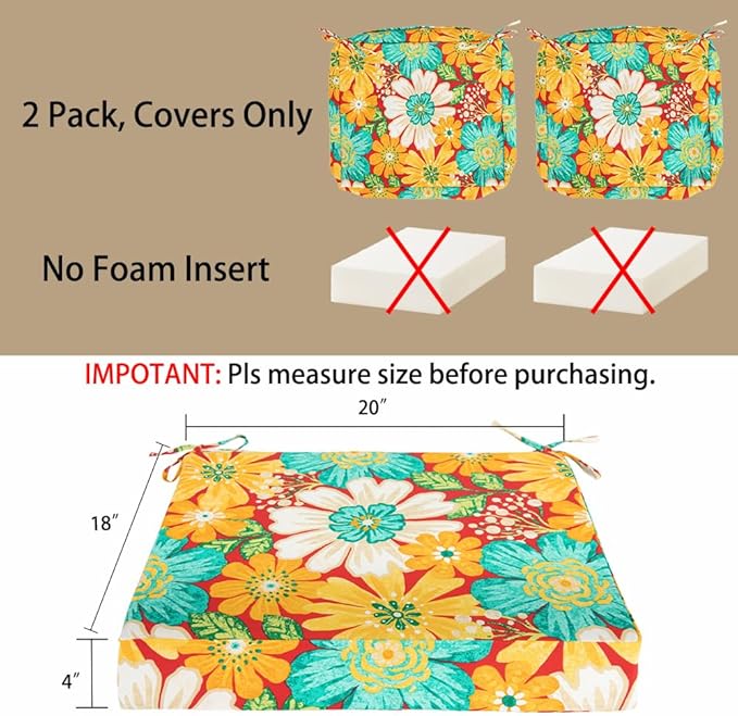 Magpie Fabrics Outdoor Cushion Cover Replacement 2 Pack, NO Insert! Water Repellent Slipcover with Ties Decor for Patio Garden Chair Sofa Bench Wicker(Embry Red Hibiscus, 20x18x4 Inch)