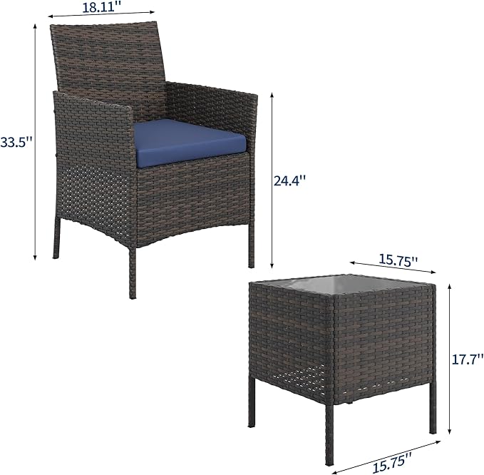 3-Piece Outdoor Furniture Set, PE Rattan Wicker Chairs with Soft Cushions & Tempered Glass Coffee Table - All-Weather Patio Set for Garden, Backyard, Porch, Poolside (Brown/Navy Blue)