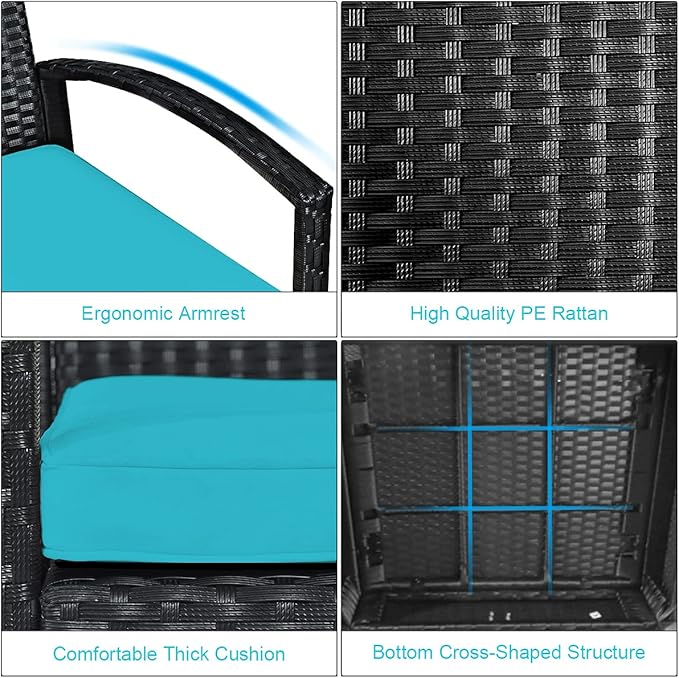 Tangkula 3 Piece Patio Conversation Set, Outdoor Rattan Sofa Set with Seat Cushions & Coffee Table, Patio Wicker Furniture Set for Garden Balcony Backyard Poolside (Turquoise)