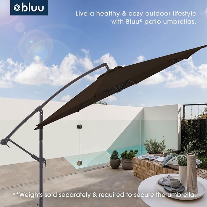 BLUU 10 FT Patio Offset Umbrella Outdoor Cantilever Umbrella Hanging Umbrellas, Fade Resistant Crank & Cross Base (Brown, 10 FT)