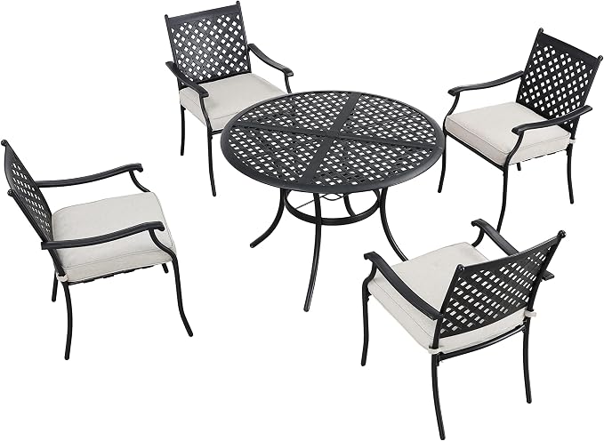 LOKATSE HOME 5 Piece Outdoor Patio Metal Dining Set with 4 Outdoor Iron Arm Dining Chairs with Seat Cushions and 1 Outdoor Dining Table with Umbrella Hole-White