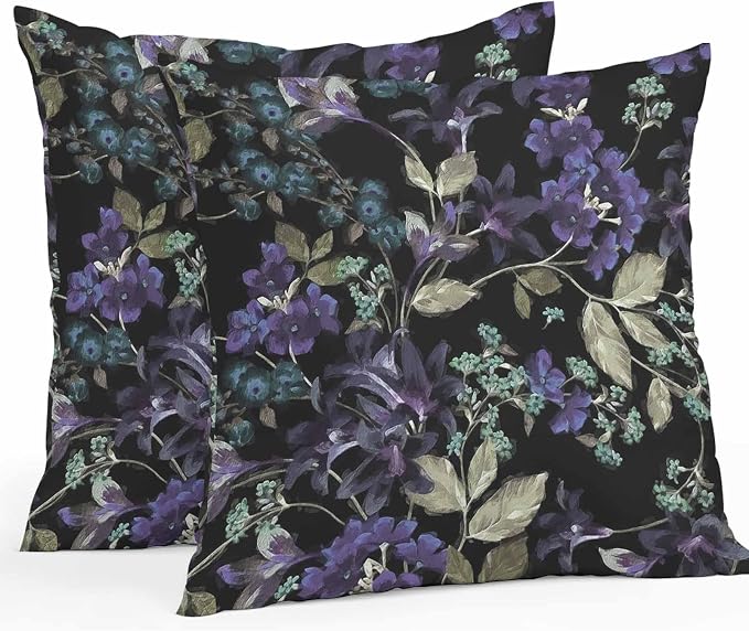 Purple Green Flower Leaf on Black Outdoor Pillow Covers 18x18in Pack of 2 Waterproof Pillowcase Retro Plant Oil Painting Decorative Throw Cushion Case for Patio Couch Sofa