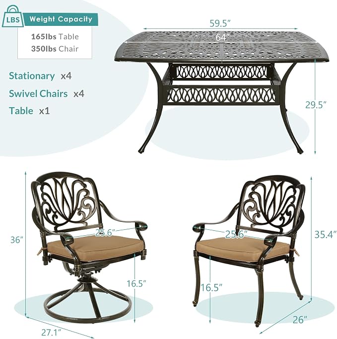 MEETWARM 9-Piece Outdoor Patio Dining Set for 8, All Weather Cast Aluminum Patio Funiture Table and Chairs Set- Large 64" Square Table and 4 Swivel Rocker Chairs, 4 Stationary, Umbrella Hole, Khaki