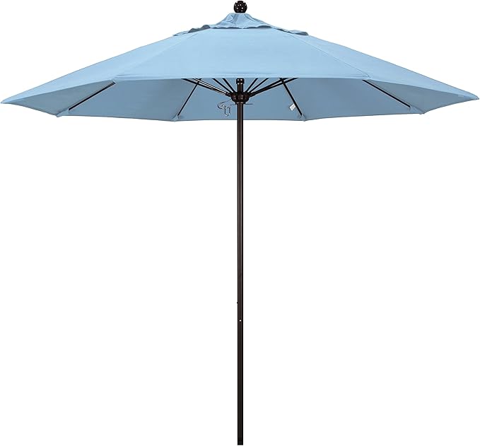 California Umbrella 9' Rd. Venture Series Contract Grade Patio Umbrella, Push Open Pin Stop, Bronze Finish, Sunbrella Air Blue