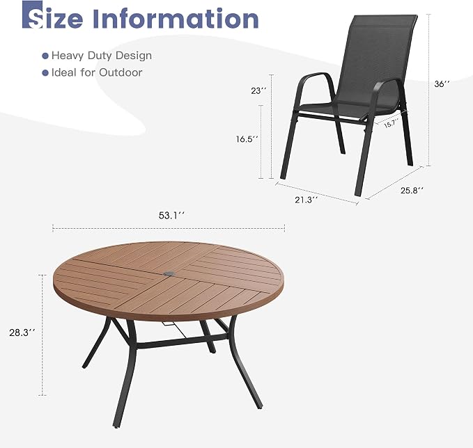 VICLLAX Round Outdoor Patio Dining Set for 8, Metal Slatted Patio Table with Umbrella Hole and 8 Stackable Patio Chairs for Deck Lawn Garden, Black Fabric and Walnut Tabletop