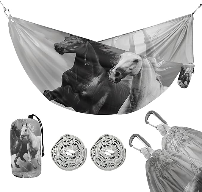 FRMG Horses Camping Hammock 500 lbs Capacity Portable Hammocks with Tree Straps & Attached Carry Bag, Camping Essentials Gear A0900250a