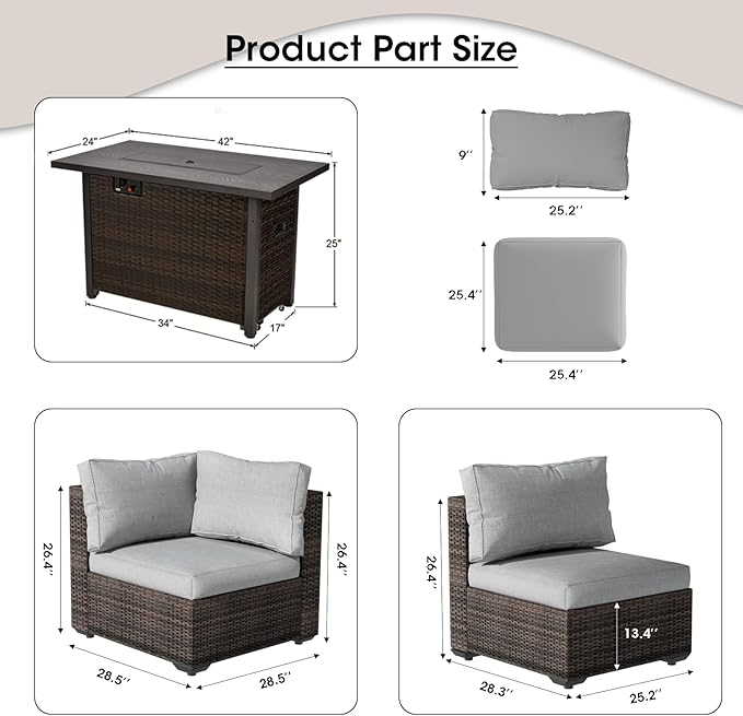 Patio Furniture Set with Fire Pit Table, Outdoor Sectional Rattan Sofa Set, Patio Set Seating Furniture with Thickened Cushions (Gray, 7 Pieces)