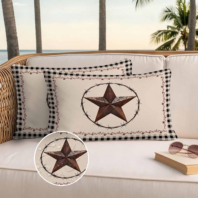 American Country Outdoor Waterproof Throw Pillow Covers Set of 2, 20"x12", Star Farmhouse Beige Black Buffalo Plaid Decorative Pillow Covers Outside Cushion Case for Patio Porch Garden