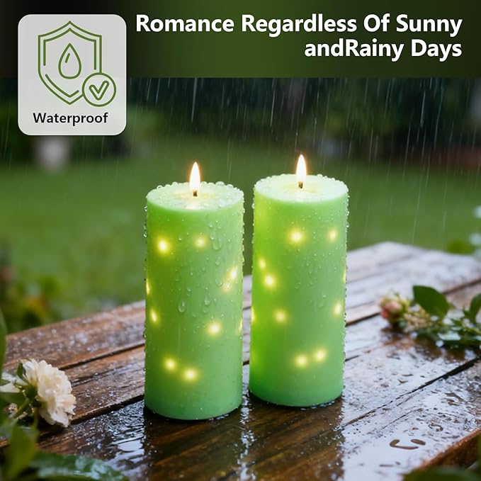 kakoya 10" x 4" Large Outdoor Waterproof Flickering Flameless Candles with Timer,2Pcs Battery Operated LED Pillar Candles with Embedded Star String for Outdoor Lanterns,Porch,Patio Decor(Green)