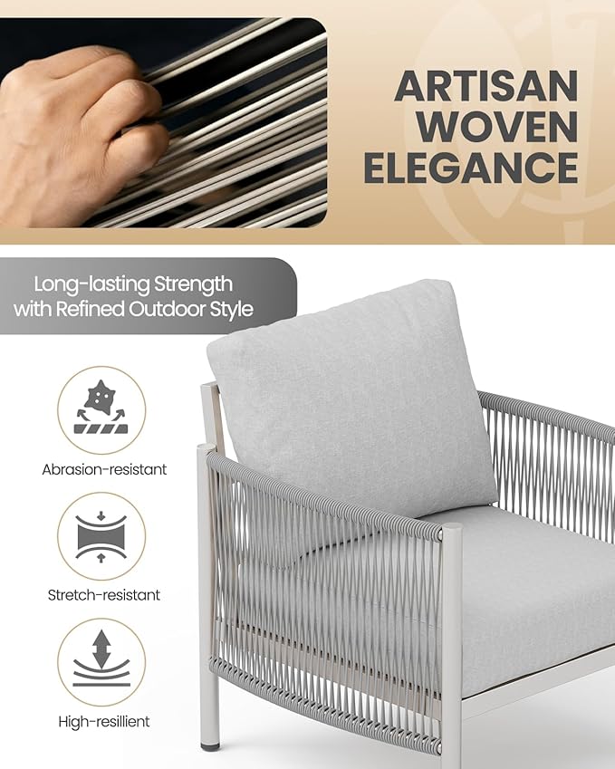 Aluminum Patio Furniture Set, 5 Seats Modern Outdoor Sectional Furniture with PE Rope & Dual-Layer Coffee Table, Luxury Patio Conversation Sets with 6" Cushions for Backyard/Garden, Silver