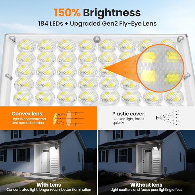 Solar Lights Outdoor Waterproof Motion Sensor Security Lights, Upgraded Convex Lens 150% Bright, 184 LED, 3 Modes, 16.4 ft Cord, Outdoor Light for Patio, Porch, Backyard, Garage