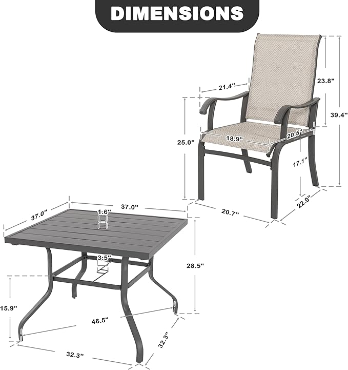 NUU GARDEN 5-Piece Outdoor Dining Set, 4 Textilene Patio Dining Chairs and 37'' Square Slatted Table with Umbrella Hole, Weather-Resistant Patio Furniture for Garden, Patio, Backyard, Beige