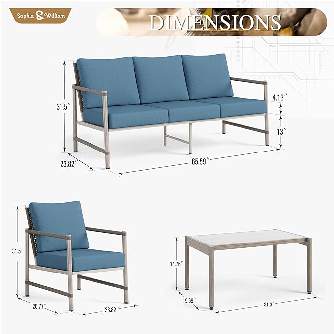 Sophia & William 6-Piece Outdoor Wicker Patio Conversation Set, 3-Seat Sofa, 4 Fixed Sofa Chairs, 31" Coffee Table, All-Weather Rattan Patio Furniture for Porch, Poolside