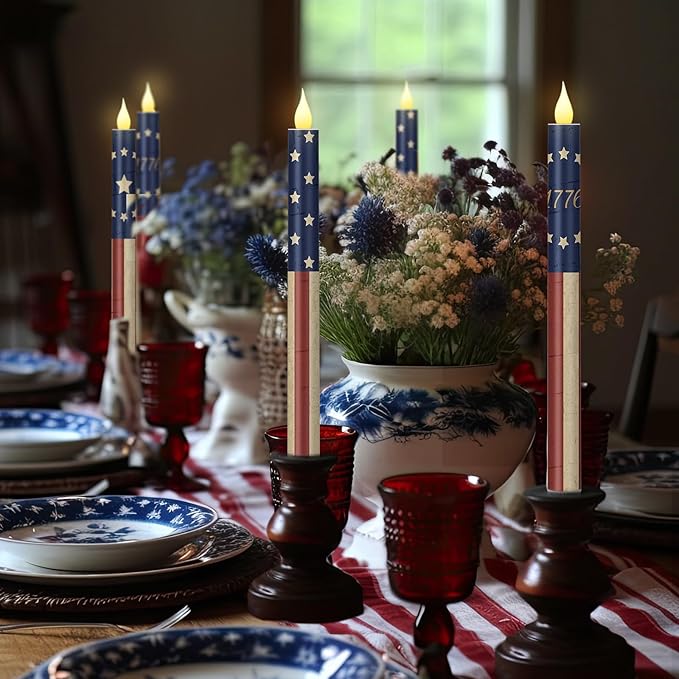 Honoson 6 Pcs USA Patriotic Flameless Taper Candles 250th Anniversary 10.6 Inch Memorial Day Red White and Blue Candles Battery Operated LED Candlesticks for 4th of July Table Home Party Decoration