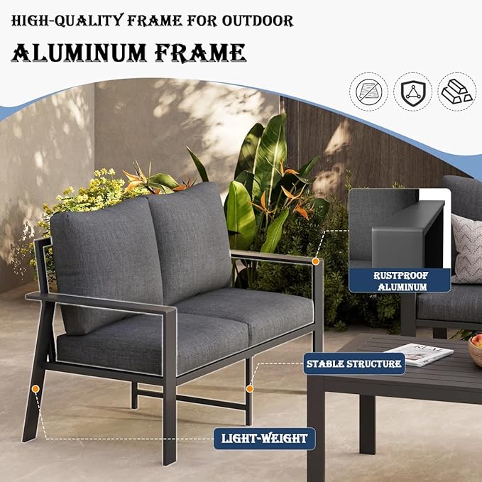 Outdoor Loveseat Aluminum Patio Sofa for Small Space Weather-Resistant Patio Furniture with 4" Cushion for Garden, Porch, Poolside