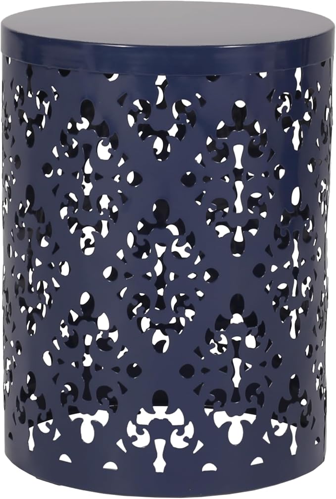Benzara Kemo Outdoor End Table Set of 2, Round Top, Cutout Design, Navy Blue