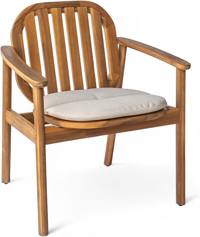 Christopher Knight Home Meja Acacia Wood Patio Dining Set for 4, Solid Wood Outdoor Dining Table Set for 4, Round Dining Table and Chairs Set of 4 with Cushion, Teak+Beige