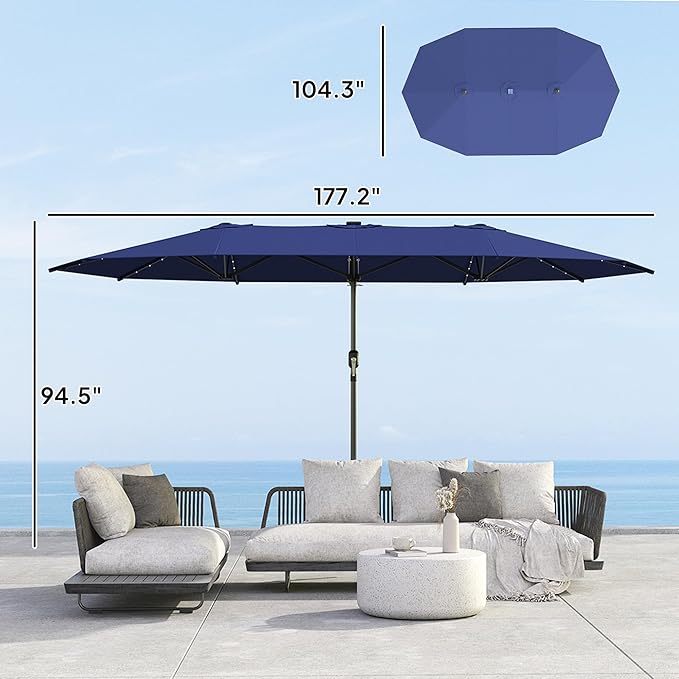 Outsunny 14.8ft Double Umbrella, Large Outdoor Patio Sun Shade with LED Solar Light for Garden