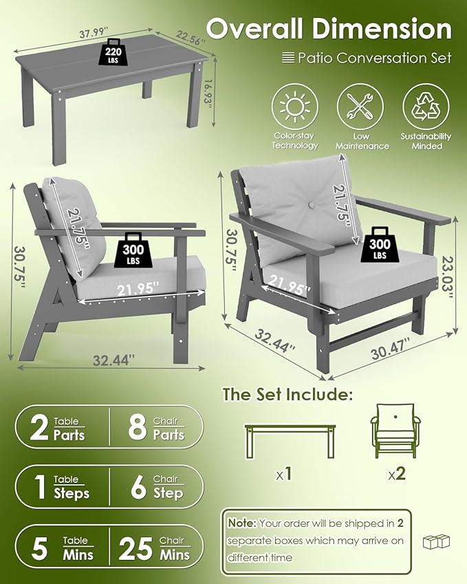 GREENVINES 3-Piece-Patio-Furniture-Set | HDPE Plastic | Outdoor Sectional Conversation Sets | All-Weather Couch | Sofa with Coffee Table | Detachable Armrests | for Deck Lawn | Gray