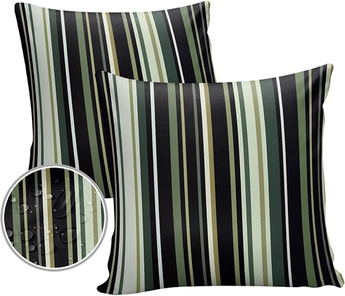Outdoor Waterproof Pillow Covers for Patio Simple Stripe Decorative Throw Pillow Cover Black And Green Geometric Pattern Pillowcases Set of 2 Cushion Case for Sofa Couch Chair Home Decor 18x18 inch