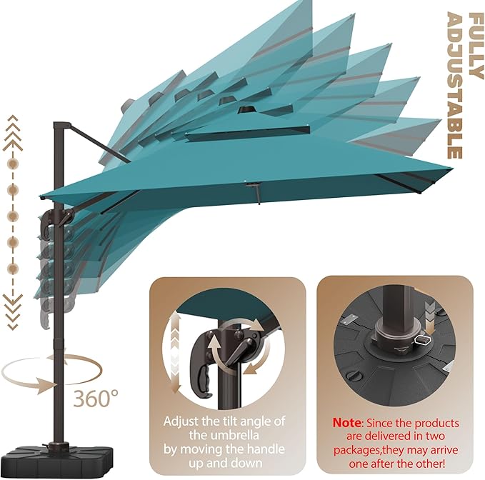10x10Ft Patio Umbrella Outdoor Cantilever Rectangle Umbrella with Base Included, 6-Level Tilt & 360° Rotation Offset Umbrella for Garden, Deck, Pool(Turquoise)