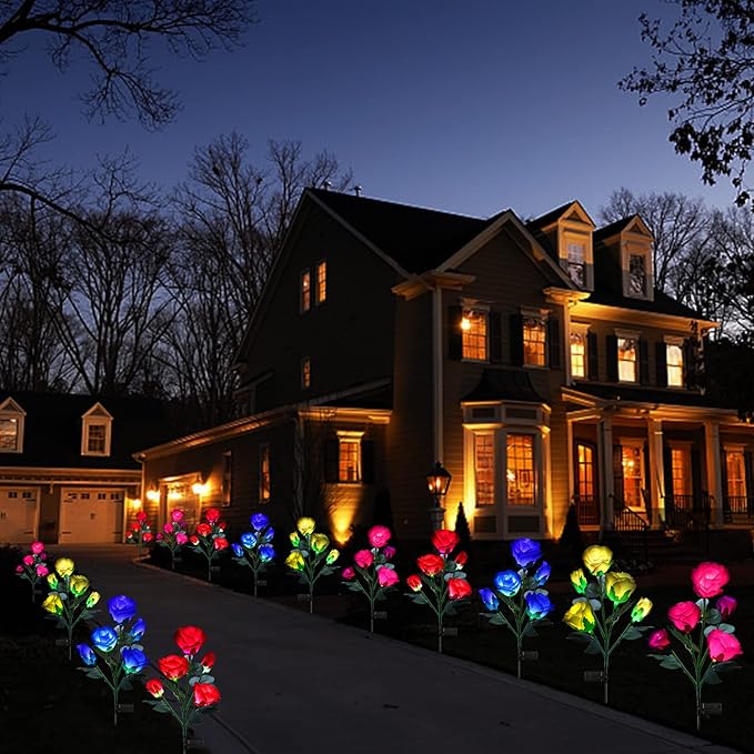 ANGMLN 2 Pack Solar Garden Lights Valentine's Day Decoration, Solar Flower Lights Outdoor Waterproof with 10 Head Red Rose 7-Color Changing Landscape Light for Pathway Garden Patio Yard