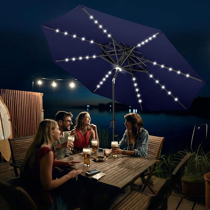 FLAME&SHADE 2 Tiers 9ft Solar Light Patio Umbrella, 40 LED lights outdoor umbrella with Centre Surround Light, Table Market Umbrella for Deck, Pool, Porch, Backyard, Garden (Navy Blue)