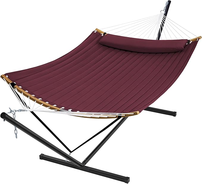 SUPERJARE Curved-Bar Hammock with Stand, 2 Person Heavy Duty Hammock Frame, Detachable Pillow & Portable Carrying Bag, Perfect for Outdoor & Indoor, Burgundy