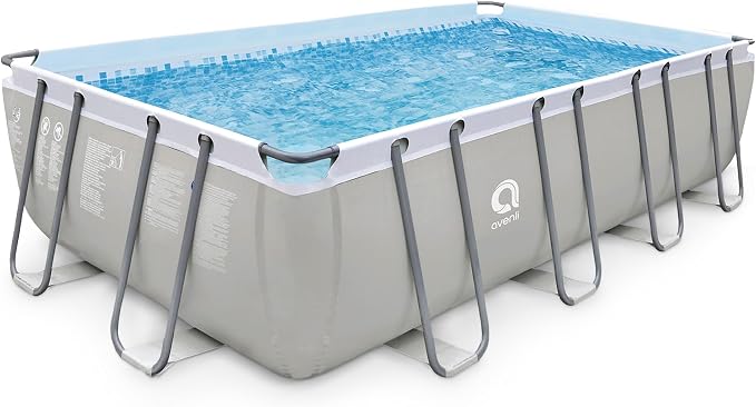 JLeisure Avenli 18 by 10 by 4 Feet Outdoor Backyard Above Ground Rectangular Steel Frame Swimming Pool for Adults and Kids with Repair Kit, Gray