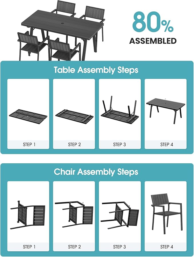 Ciokea Aluminum Outdoor Dining Sets for 4, Patio Table and Stackable Chairs Set with Umbrella Hole, All-Weather HDPS Durable Furniture for Backyard, Poolside, Lawn & Garden | 5-Piece, Grey