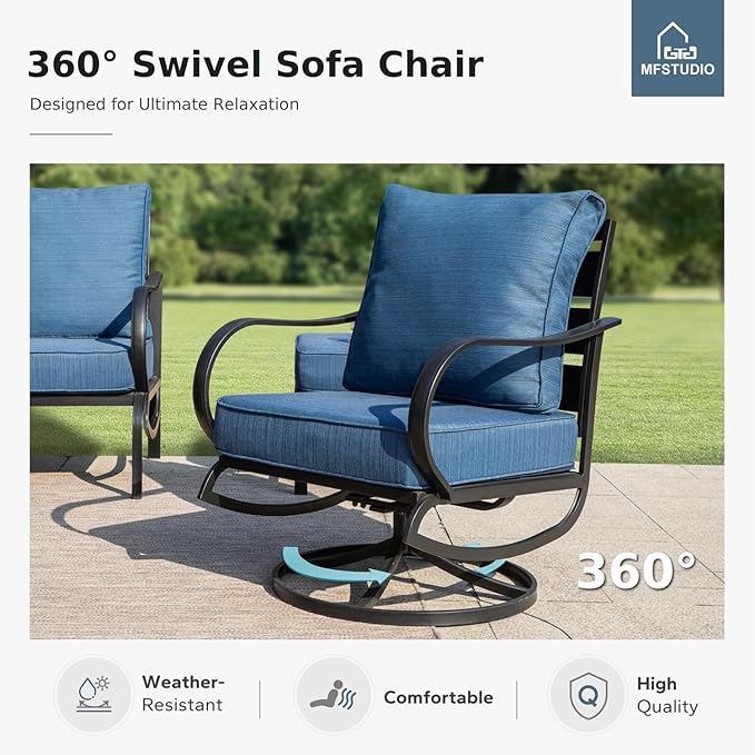 MFSTUDIO Metal Patio Conversation Sets, Outdoor Furniture Sofas Set of 2, 2 Pieces Durable Steel Frame Patio Swivel Chairs with 5.8" Peacock Blue Cushions for Patio Garden Backyard Balcony