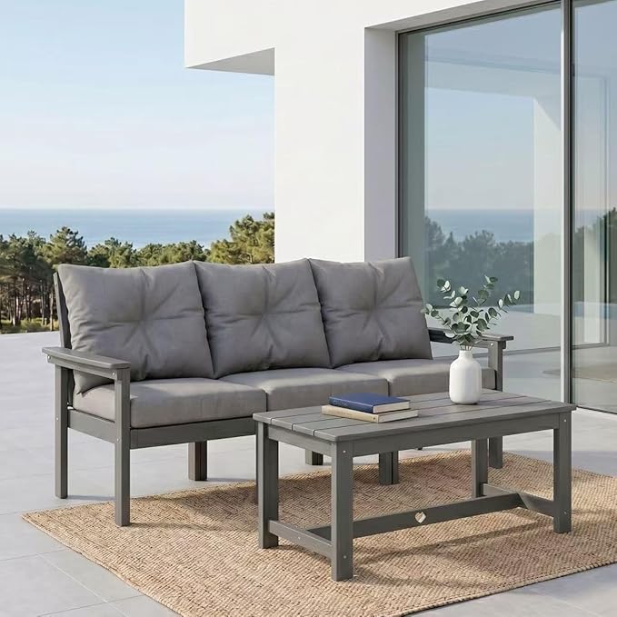 HDPE 4 Piece Patio Furniture Set, All-Weather Outdoor Couch with Thick Cushions & Coffee Table, Patio Conversation Sets for Lawn, Garden, Porch, Balcony, Deck, Poolside, Grey Frame Grey Cushion