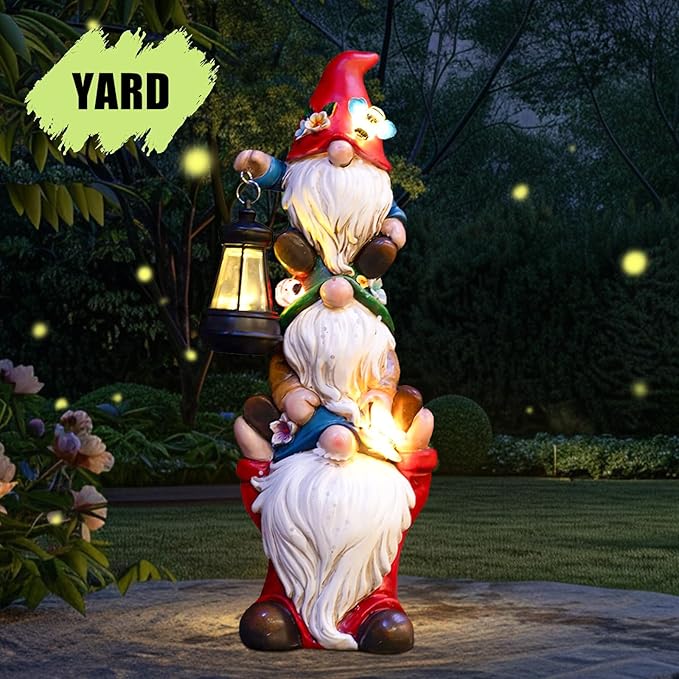 twinbling 12 in Garden Gnome Statue with Solar Lights | Birthday Gift for Mom Woman Grandma Garden Sculptures Funny Triple Gnome Outdoor Patio Lawn Yard Balcony Home Decor