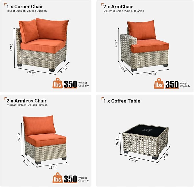 ovios 6 Piece Patio Sectional Furniture, Rattan Wicker Coversation Couch Set, Outdoor Sofa Set for Outside Porch Balcony Backyard Pool,Orange