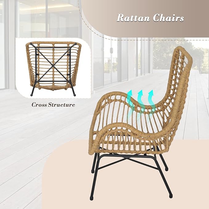 Athena Collection Patio Bistro Sets, 3 Piece All Weather Furniture Set Outdoor Conversation Set Glass Table and Rattan Chairs Set with Soft Cushions for Garden, Poolside, Backyard, Gray