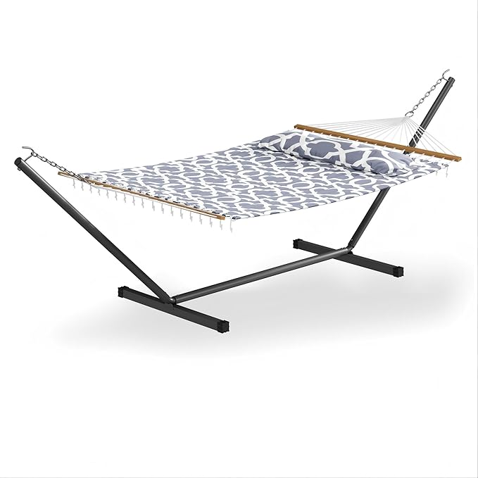 GarveeLife 57" 2 Person Outdoor Hammock, Widening Design Cotton Hammock with Metal Stand, Heavy Duty Construction, 450 LBS Weight Capacity, Light Grey