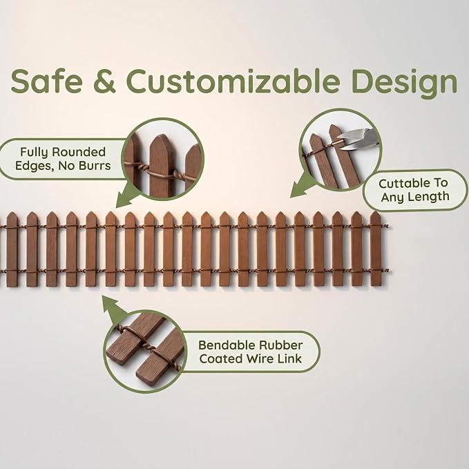 Fairy Garden Miniature Fence Accessories: Decorative White Wooden Picket Fence for Indoor & Outdoor Christmas Village - for Kids Ages 4 to 8 - Festive Decor for Christmas and Halloween (Brown)