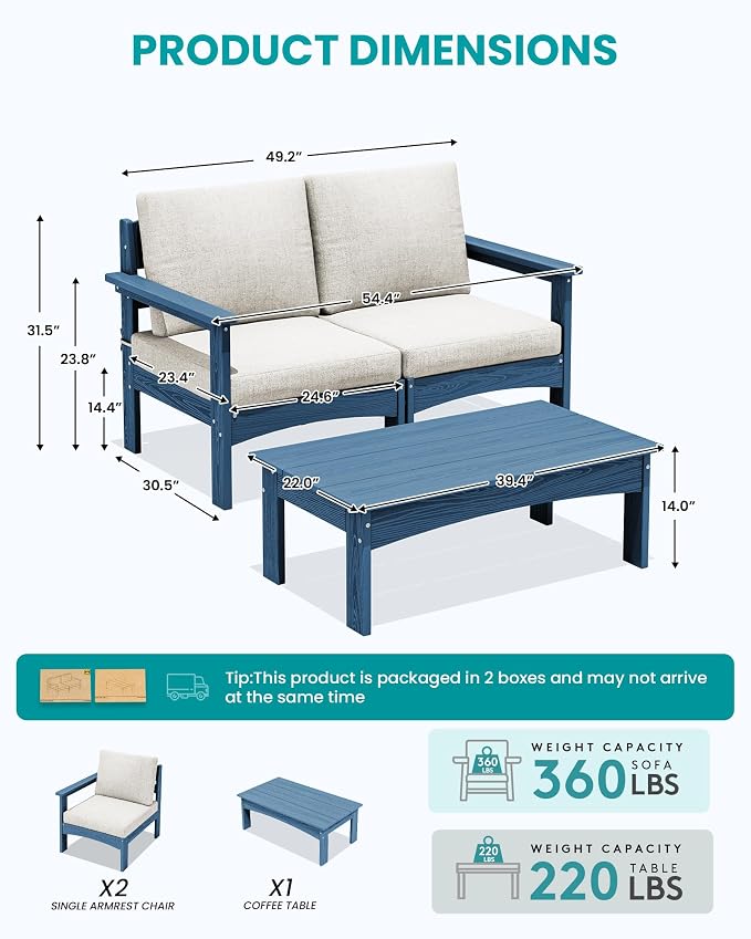 SERWALL HDPE Patio Sofa Set, 3 Pieces Conversation Set, All-Weather Outdoor Couch Sectional Sofas with Removable Cushions and Coffee Table for Balcony, Garden, Poolside, Blue Frame with Khaki Cushion