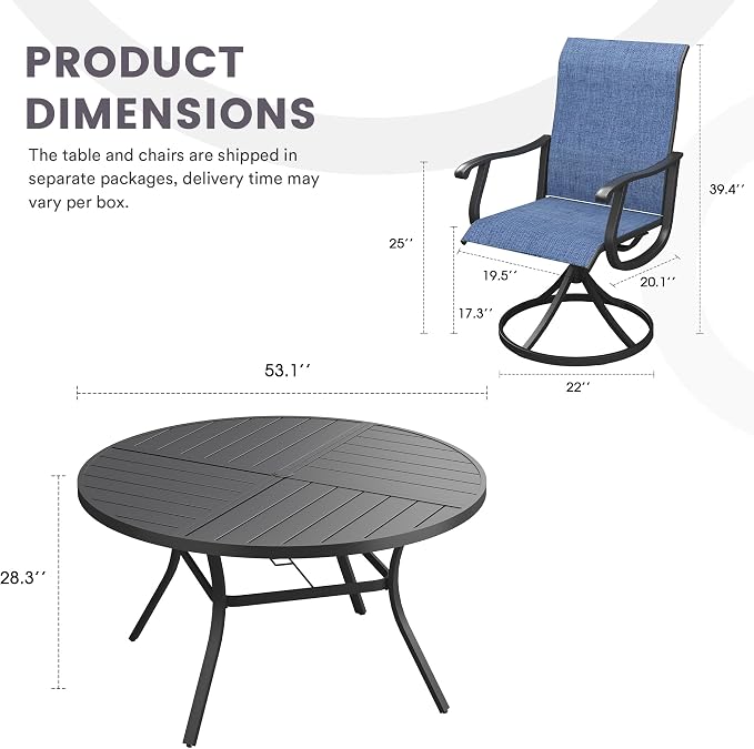 7 Pieces Patio Furniture Dining Set, 6 Textilene Swivel Dining Chairs, 53" Outdoor Round Metal Table with 1.57" Umbrella Hole, Outdoor Dining Set for Porch, Lawn, Garden, Black/Blue