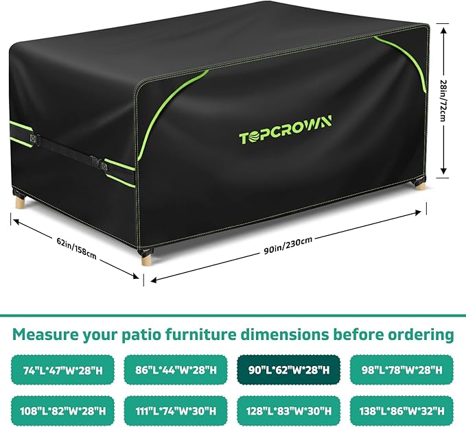 Topcrown Patio Furniture Covers Rectangular, Waterproof Anti-UV Oxford Fabric with Double Airflow Vents for Outdoor Dining Table and Chairs (420D Black+Green, 90"L x 62"W x 28"H)