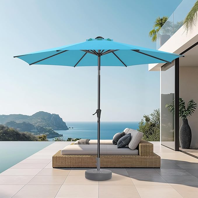 HOMSHADE 9ft Outdoor Patio Umbrella - UPF50+ UV Protection Market Patio Table Umbrella with Push Button Tilt, Crank and 8 Sturdy Ribs for Pool Deck and Garden (Light Blue, No base)