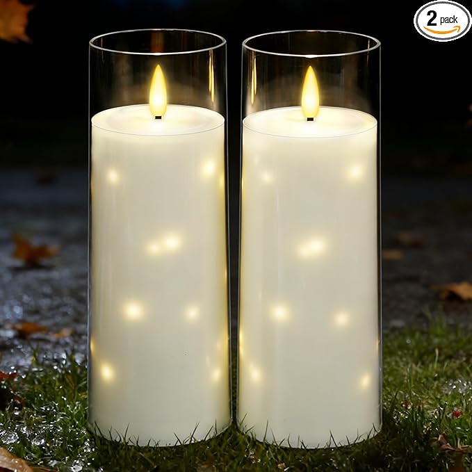 kakoya Large Solar Flameless Candles Outdoor Waterproof 11" x 4",2Pcs LED Pillar Candles Included Rechargeable Solar Battery with Embedded Star String for Outdoor Porch,Patio Decor(White)